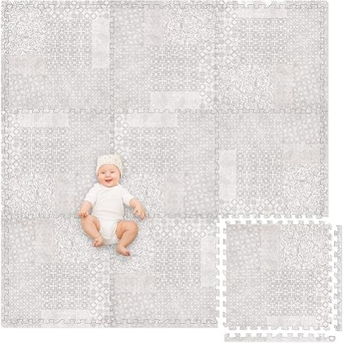 Play Platoon Non-Toxic Extra-Thick Childrens Foam Play Mats for Floor, 9 Tiles - 72 x 72 inch Comfortable Cushioned Foam Floor Puzzle Tiles for Kids & Toddlers with 24 x 24 inch Tiles Sets - Khaki