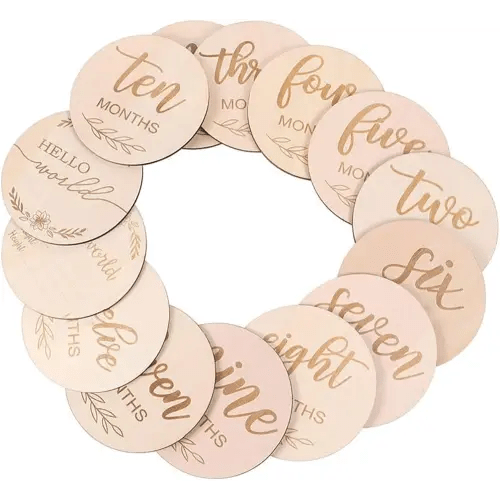 12 Packs Wooden Baby Monthly Milestone Cards, Baby Monthly Milestones for Newborn Baby Gifts,1-12 Months Wooden Discs with Baby Announcement Sign, Pregnancy Baby Shower Gifts for New Year