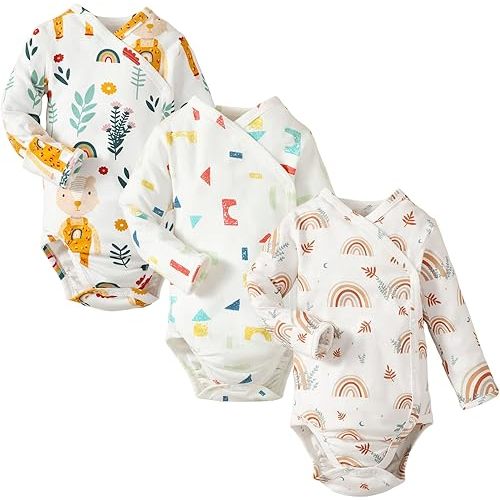 DEFAHN Baby Side Snap Bodysuit Kimono Onsies Newborn Boy Girl 3-Pack 100% Cotton Basic Pattern Kimono Bodysuits