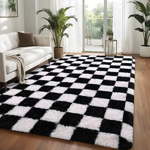 Nuttumico Large Black White Checkered Rug for Living Room, 6x9 Feet Big Fuzzy Shag Shaggy Carpet for Bedroom Kids Nursery Dorm, Ultra-Soft, Non-Slip and Easy to Clean
