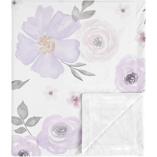 Sweet Jojo Designs Shabby Chic Rose Flower Watercolor Floral Baby Girl Receiving Security Swaddle Blanket for Newborn or Toddler Nursery Car Seat Stroller Soft Minky - Lavender Purple, Pink and Grey