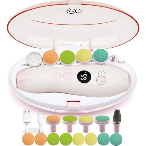 Rechargeable 22 in 1 Baby Nail Trimmer, Usage Labeled Case, 13 Extra Replacement Tools, Royal Angels Electric Nail File with LCD display, Newborn Toddler Nail Care Clipper Kit (Rechargeable,WhitePink)