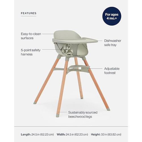 Lalo The Chair Convertible 3-in-1 High Chair for Babies & Toddlers, Dishwasher Safe Tray, Adjustable Footrest, Sage