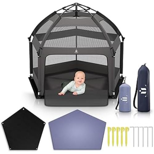 Pop Up Playpen for Babies and Toddlers - Foldable Baby Playpen with Canopy (UPF50), Mat, Wind Shade & Carry Bag - Durable Baby Beach Tent, Portable Baby Play Yard for Indoor and Outdoor