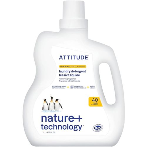 ATTITUDE Liquid Laundry Detergent, EWG Verified, HE Compatible, Plant-Based & Vegan, Natural Laundry Soap, Citrus Zest Scent, 40 Loads, 67.6 Fl Oz