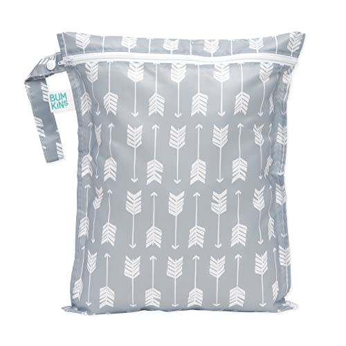 Bumkins Waterproof Wet Bag for Baby, Travel, Swim Suit, Cloth Diapers, Pump Parts, Pool, Beach, Gym Clothes, Toiletry, Hook to Stroller, Daycare, Zipper Reusable Wetdry Packing Pouch, Gray Arrows