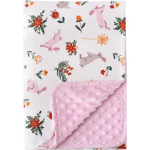 DaysU Silky Micro Soft Plush Baby Blankets for Girls with Print Rabbit Pattern and Soothing Raised Dots, Double Layer Bed Throws for Baby Crib, Rabbit, Pink, 30x40 Inches
