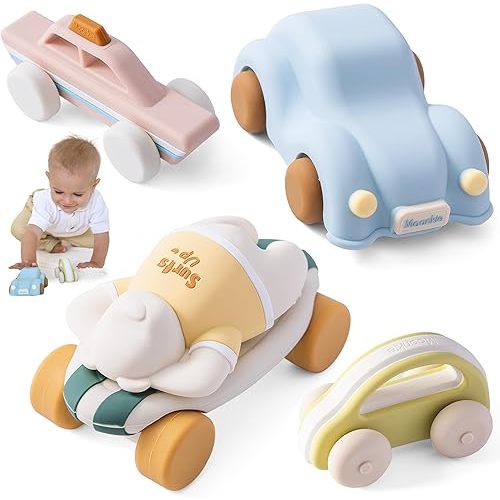 Moonkie Food Grade Silicone Toy Cars, One-Piece Design Infant Toys, Easy to Clean & Grasp, 5 Pack
