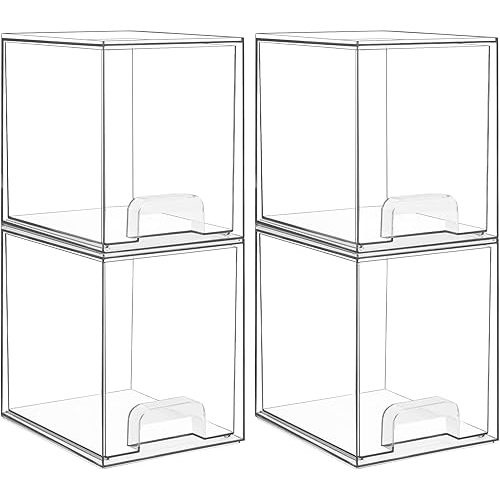 Vtopmart 4 Pack Clear Stackable Storage Drawers,7.6" H Plastic Organizers Bins for Skincare, Bathroom Supplies,Ideal for Cabinet,Undersink,Vanity,Kitchen,Pantry Organization
