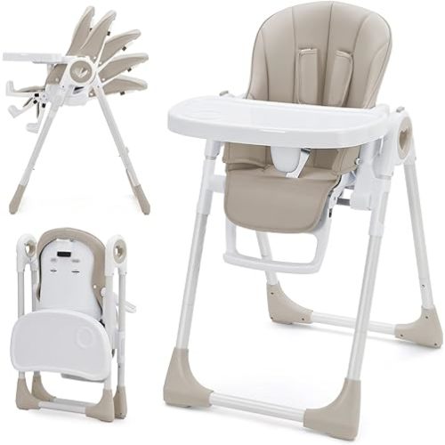 Foldable Baby High Chair with Adjustable Height, 5 Recline Positions & Removable Double Tray - Easy Clean, Space-Saving Infant Highchair for Toddlers, 5-Point Harness & Compact Design