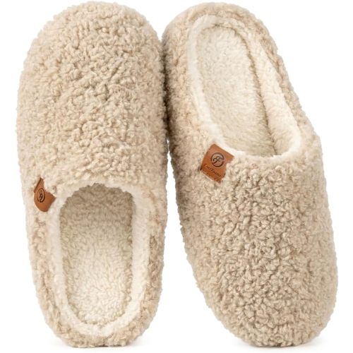 EverFoams Women's Fuzzy Slip-on Slippers Soft Comfy Memory Foam Indoor House Shoes Khaki,9-10 US