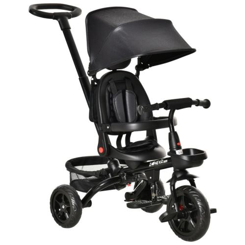 Vynxaria Black 4-in-1 Kids' Tricycle: Reversible Seat, 2.8'-3.1' Push Handle, Canopy, Armrests, Belt, Storage Footrest, Brake & Clutch
