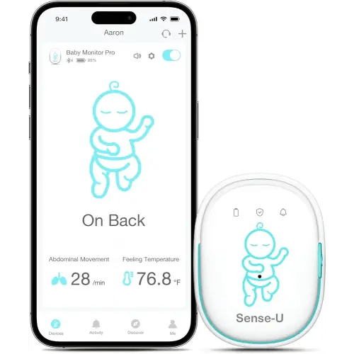 Sense-U Smart Baby Monitor Pro with Arousal Vibration, Audible and App Alerts: Tracks Abdominal Movement, Rollover/Sleeping Position, Feeling Temperature, Portable & Wearable Smart Sleep Monitor