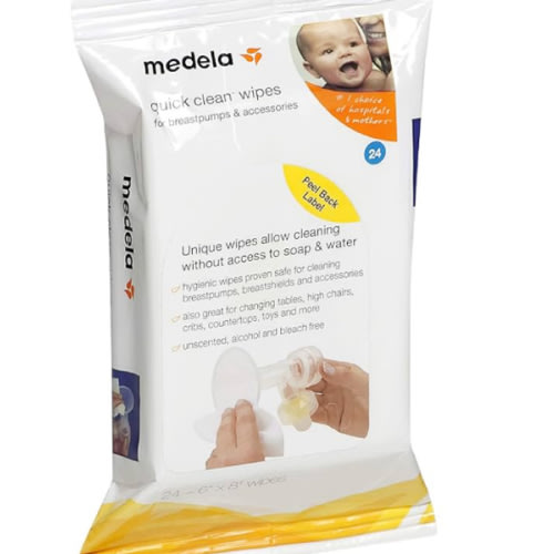 Medela Quick Clean Breast Pump and Accessory Wipes, 24 Count Resealable Pack, Convenient and Hygienic On the Go Cleaning for Tables, Countertops, Chairs, and More