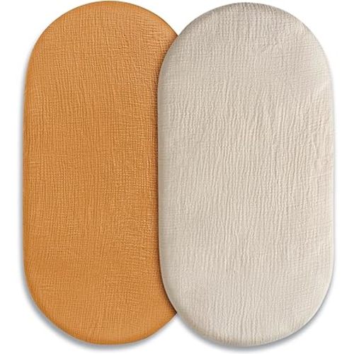 Muslin Bassinet Fitted Sheets, 2 Pack for Baby Boy and Girl, Soft Breathable Stretchy Baby Pad/Mattress Sheet Set, Universal Fit for Hourglass Oval and Rectangle Bassinet Mattress (Elegant Colors)