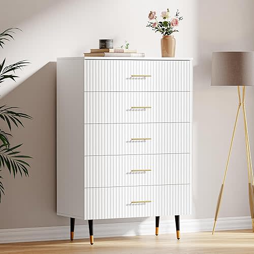 White Dresser for Bedroom with 5 Drawers, Tall Dresser with Handle for Bedroom Hallway Entryway Office 31.5 x 15.7 x 47.2 Inch