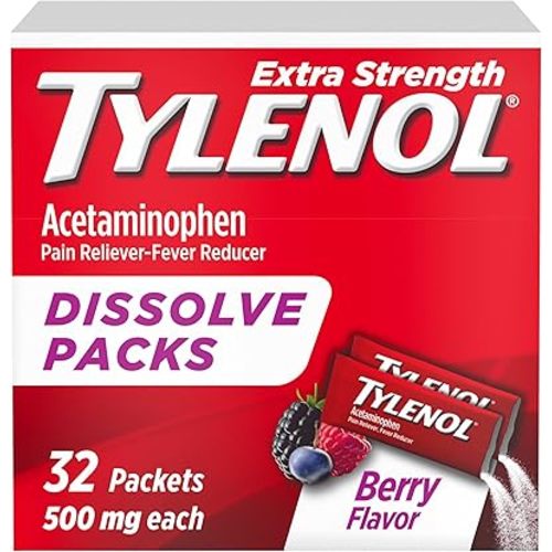 Tylenol Extra Strength Dissolve Powder Packs, 500 mg Acetaminophen Pain Reliever & Fever Reducer Medicine, Fast Relief for Minor Aches & Pains, Ibuprofen- & Aspirin-Free, On-the-Go Berry Flavor, 32 Ct