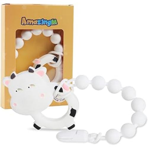 Baby Food Grade Silicone Teether Toy with Pacifier Clip Holder,Teething Toys Gift Set for 3 Months+ Boys and Girls,Freezer Safe,BPA Free. (Cow)