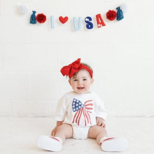 Patriotic Sequin Bow Patch Short Sleeve Romper, White - Sweet Wink | Maisonette