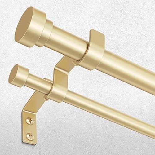 Double Curtain Rod, 1 Inch Gold Extra Long Dual Curtain Rods 36 to 153 Inch with Aluminium Modern End Cap Finial, Adjustable Heavy Duty Window Treatment Rods, Spliced Metal Double Drapery Pole Set