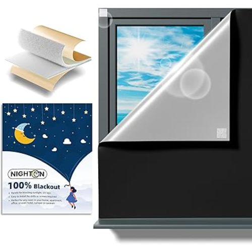 NIGHTON Portable Blackout Curtains 40"×57" Strong Hook and Loop Tape Strips with Adhesive,Blackout Shades That can be Cut,100% Blackout Material Window Blinds for Baby Nursery or Travel Use-Black