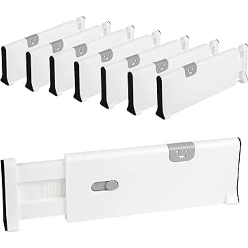 Drawer Dividers Pack of 8, Plastic Adjustable and Expandable Drawer Organizer Clothes, Deep Drawer Organizer, Works in Kitchen Utensils Organizer, Dresser Drawer Separators, 4'' High, 11-17.5'', White