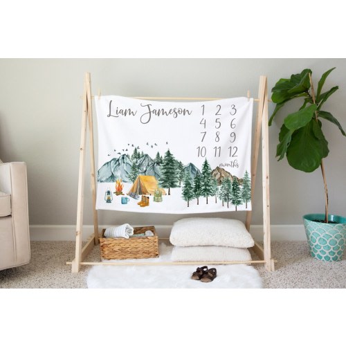 Camper Milestone Blanket, Personalized Woodland Baby Gift, Milestone Photo Prop, Forest Baby Bedding, Monthly Blanket Baby - Little Explorer