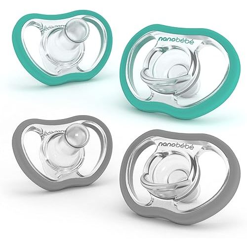 Nanobebe Active Baby Pacifiers 4-36 Months - Orthodontic, Lightweight and Vented, Curves Comfortably with Face Contour, 100% Silicone - BPA Free, Perfect Baby Registry Gift 4pk, Teal/Grey