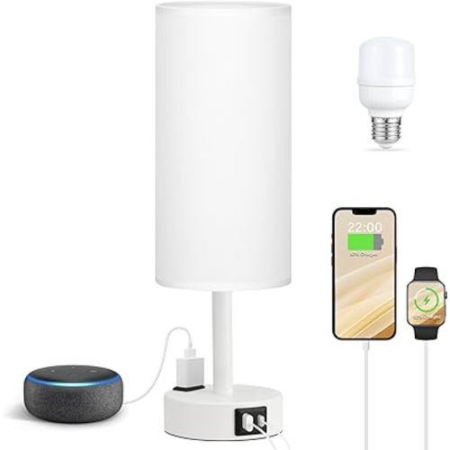 Matte White Bedside Table Lamp for Bedroom - 3 Way Dimmable Touch Lamp USB C Charging Ports and AC Outlet, Small Lamp Round Flaxen Fabric Shade for Living Room, Desk, LED Bulb Included