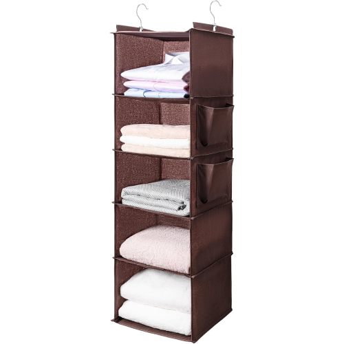 BOOMIBOO Hanging Closet Organize and Shelves，5-Hanging Shelf with 2 Side Pockets，Storage Foldable （Browm）