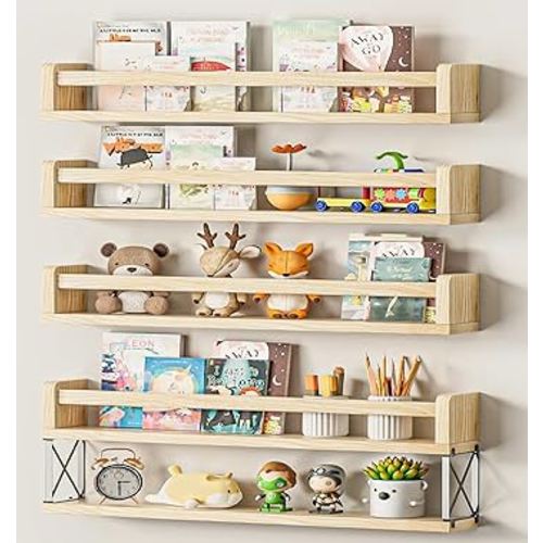 24inch Floating Kids Book Shelves Set of 4, Small Nursery Bookshelf Wall Mount, Natural Wood Baby Book Shelf, Multifunctional Floating Shelves for Bedoom Bathroom Kitchen