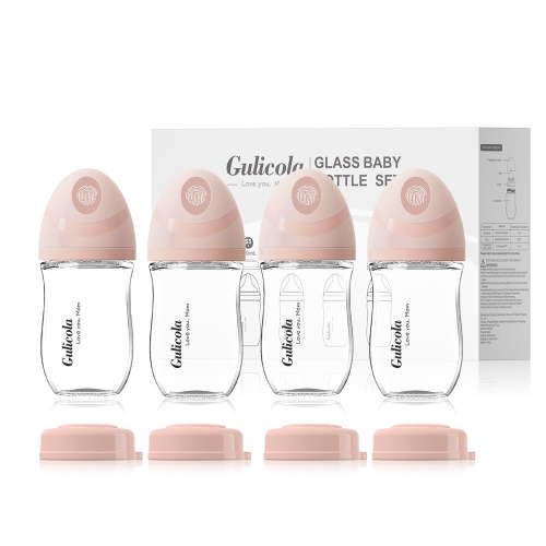 Gulicola Natural Glass Baby Bottle 4 Pack, Newborn Breastfeeding Bottles Set, Extra Slow Flow Nipples (SS), Anti Colic, 0 Months+, 5 oz