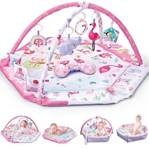 morabloomy 7-in-1 Large Activity Mat for Babies 0-6 Months Tummy Time Mat Play Mat, 5 Tummy TimeToys, 18 Ocean Toys, and 1 Tummy Time Pillow, Baby Activity Mat Easy to Install & Clean, Baby Gift