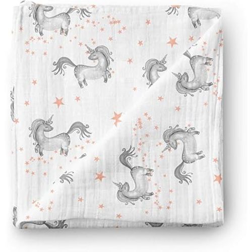 Aenne Baby Muslin Swaddle Blanket for Boys & Girls, Infant Toddler Quilt, Luxurious Wrap, Soft and Silky Stroller & Nursing Cover, Dancing Unicorns and Stars Blankie, Large 47"x 47", 1 Pack