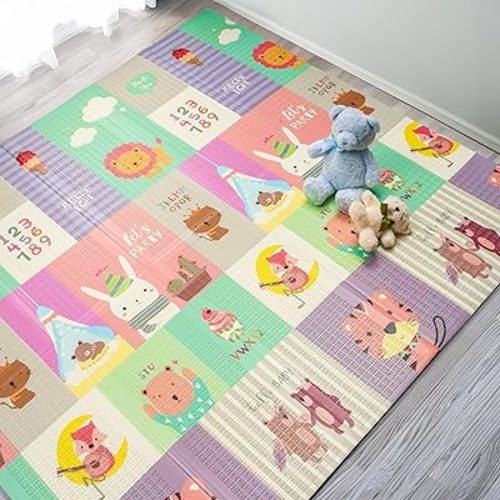 Sorbus Foldable Baby Play Mat, Kids Foam Mats for Floor with Travel Bag - Waterproof Foldable Play Mats for Babies, Infants, Toddlers, and Kids Playtime & Tummy Time 78x70x0.4 (Safari Party)