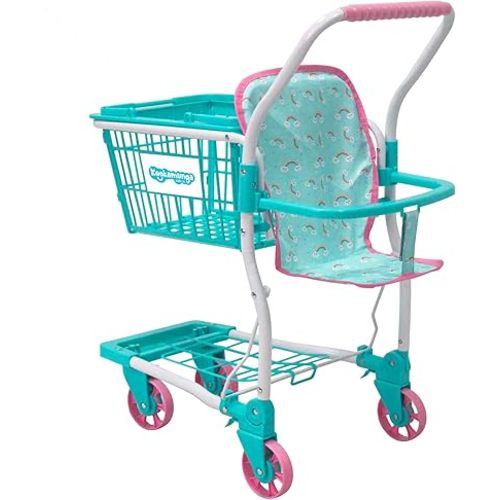 KOOKAMUNGA KIDS 2 in 1 Shopping Cart for Kids - Kids Shopping Cart - Toy Grocery Cart - Toy Shopping Cart w/ Removable Hand Basket & Doll Seat Carrier - Perfect for Boys & Girls Ages 2+ (Blue Rainbow)