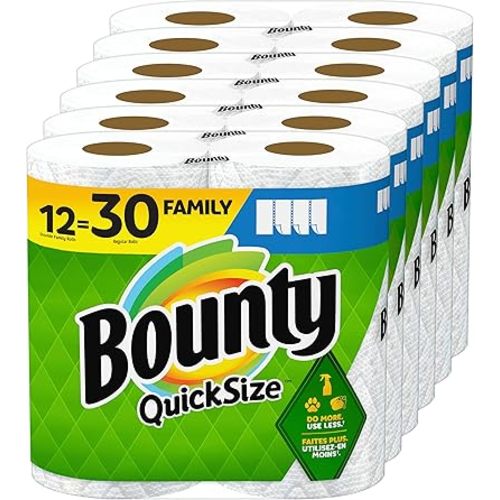 Bounty Quick-Size Paper Towels, White, 12 Family Rolls = 30 Regular Rolls