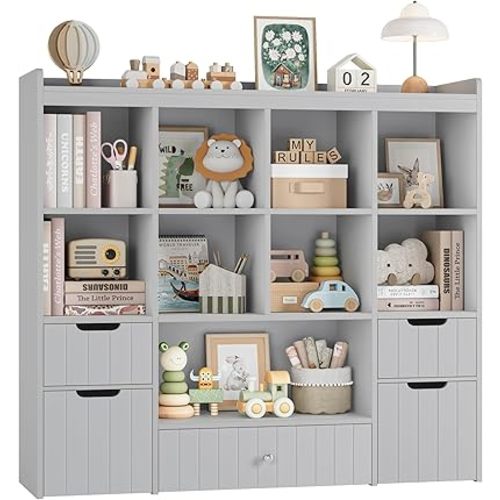 HORSTORS 48" W Kids Toy Storage Organizer, Large Toy Storage Chest with Removable Bins, 46" H Kids Bookshelf and Bookcase with Drawers for Boys and Girls, Modern Toy Box for Playroom, Classroom, Grey