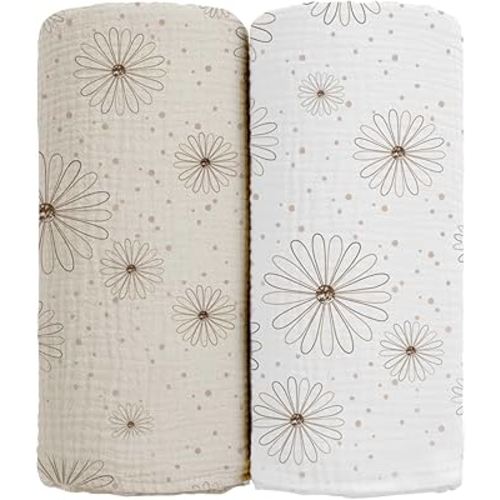 Baby Muslin Swaddle Blankets: Soft Receiving Blanket for Newborn - Cotton Swaddling Blanket for Neutral 2Pack(Daisy)