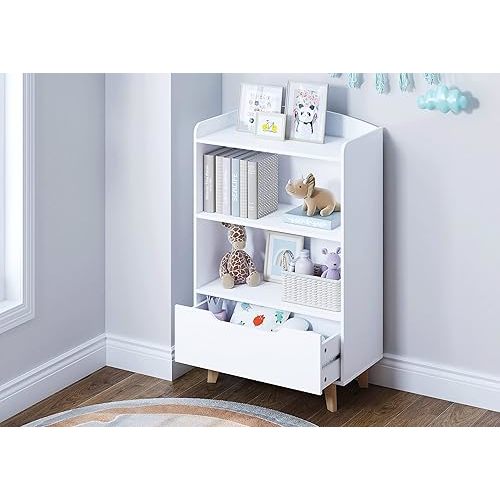 UTEX Kids Bookshelf, Children Bookcases with Storage and Drawer, Wood Kids Toy Storage Organizer for Playroom,Bedroom, Nursery School, White
