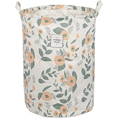 UUJOLY Collapsible Laundry Hamper Basket, with Handles Waterproof Round Cotton Linen Printing Household Organizer Basket, 19.7x15.7 inches, Green