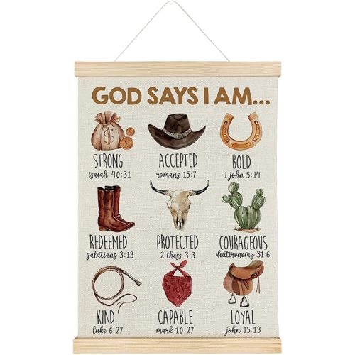 ATBWGT God Says I Am Christian Wall Art Decor, Cowboy Room Decor, Western Inspirational Bible Verses Scripture Poster Hanger Frame for Boys Bedroom Room Home Office, 12x16 Inch