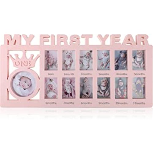 Unittype My First Year Baby Picture Frame Newborn Baby's First Twelve Months Photo Collage,12 Month Milestone Keepsake Frame for Photo Memories Baby 1st Birthday Mothers Day Gift(Pink)