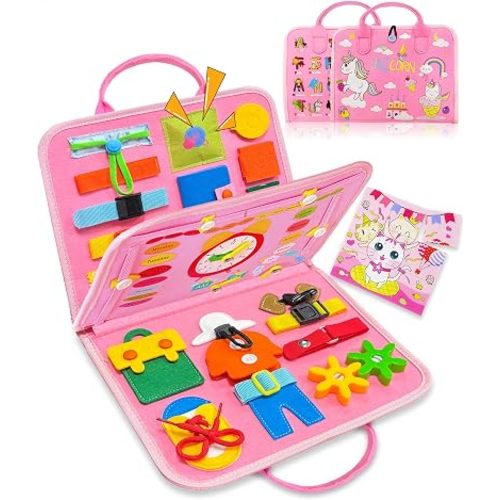 Busy Board Montessori Toys for Toddler Girls & Boys Birthday Gifts, Sensory Toys for Toddlers, Educational Travel Toy, Preschool Activities for Learning Fine Motor Skills
