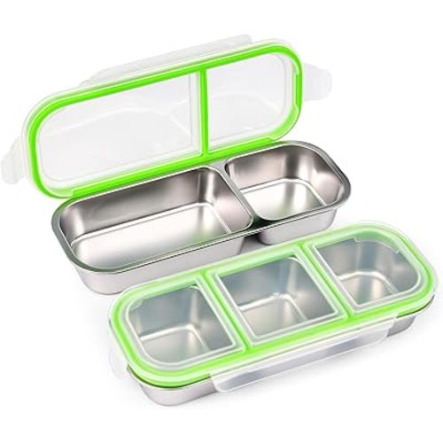 UPTRUST Reusable Stainless Steel Snack Containers with Lids – 2-Compartment and 3-Compartment Leak-Proof Designs for Take-Out Condiments and On-the-Go Snacks