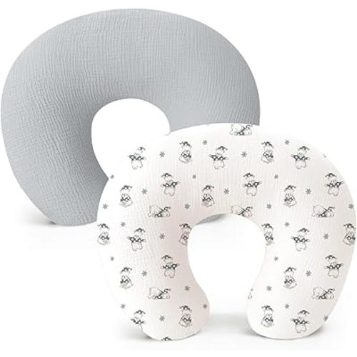 Konssy Muslin Nursing Pillow Covers, Soft and Cute Nursing Covers for Breastfeeding Pillows, Ideal for Newborn Baby Boys and Girls (Grey, Polar Night) - 2 Pack