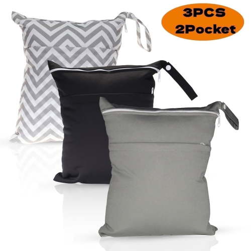 Wet Dry Bags for Cloth Diapers Travel, Swimsuit, Beach, Pool, Gym, Wet Clothes Bag with 2 Pockets 3 Pack L-BGT