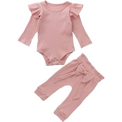 Baby Girls 3Pcs Fall Outfits Long Sleeve Ribbed Romper + Belted Pants + Headband Set Infant Clothes