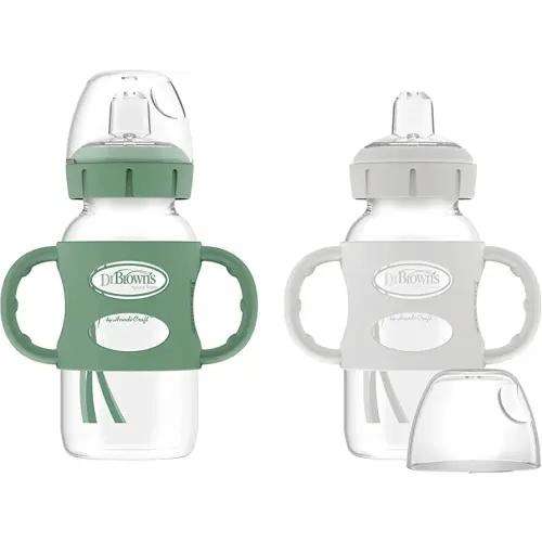 Dr. Brown’s Milestones Wide-Neck Sippy Bottle with 100% Silicone Handles, Easy-Grip Bottle with Soft Sippy Spout, 9oz/270mL, BPA Free, Green & Gray, 2 Pack, 6m+