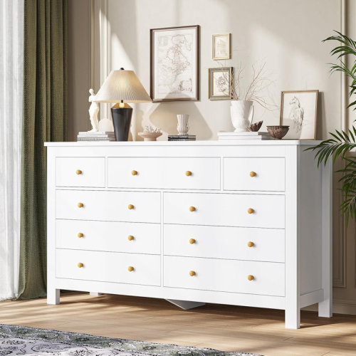 Latitude Run® 9-Drawer White Dresser, Wide Wooden Storage Chest with Solid Wood Knobs, Curved Edges & Thickened Frame, Modern Large Capacity Cabinet Used as Bedroom Dresser & TV Console for Living Room | Wayfair